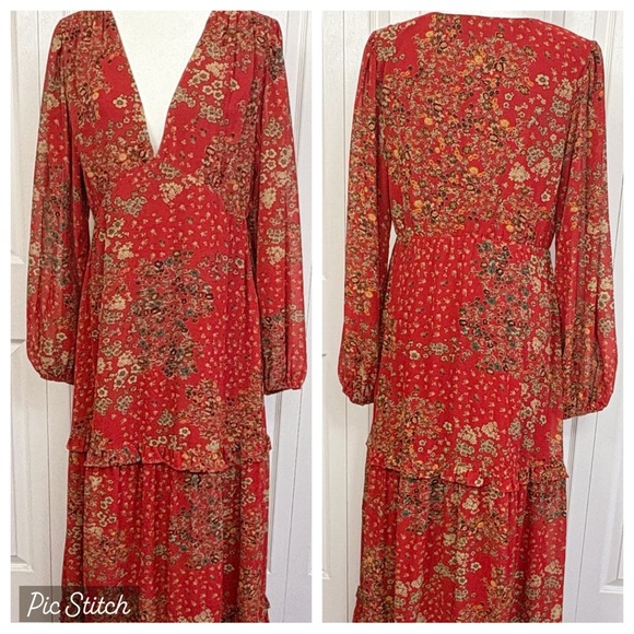Baltic Born Dresses & Skirts - NWT Baltic Born Red Multi Floral Tiered Deep V-Neck Bowman Maxi Dress XL